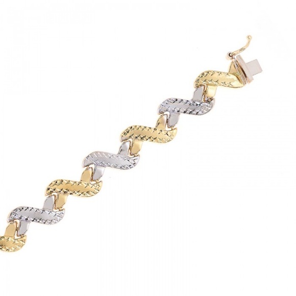 9.5mm 14K Two Tone Gold Fancy Wave Link Bracelet - Picture 2 of 3